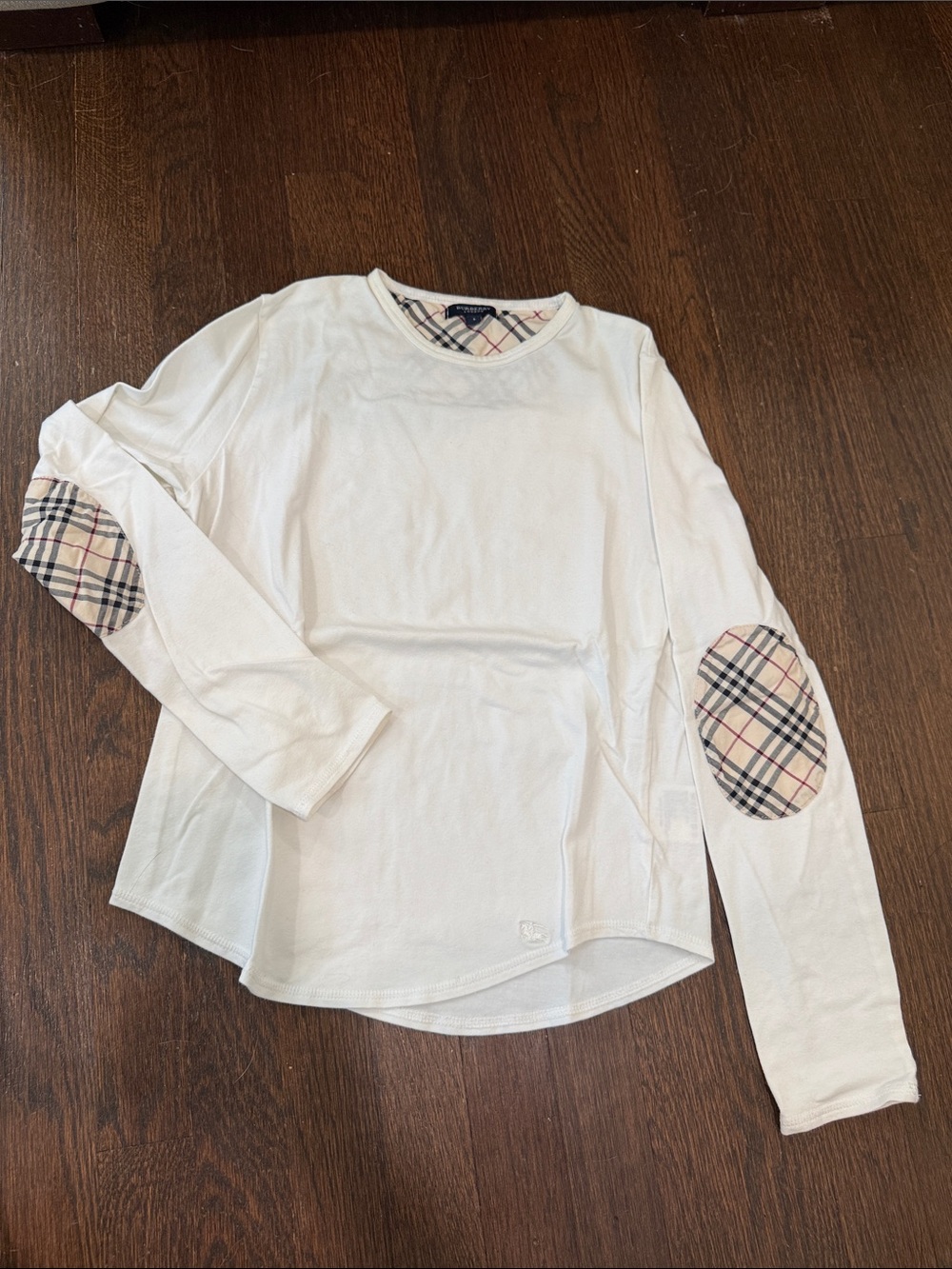 Burberry White Long-Sleeve Tee with Signature Plaid Elbow Patches